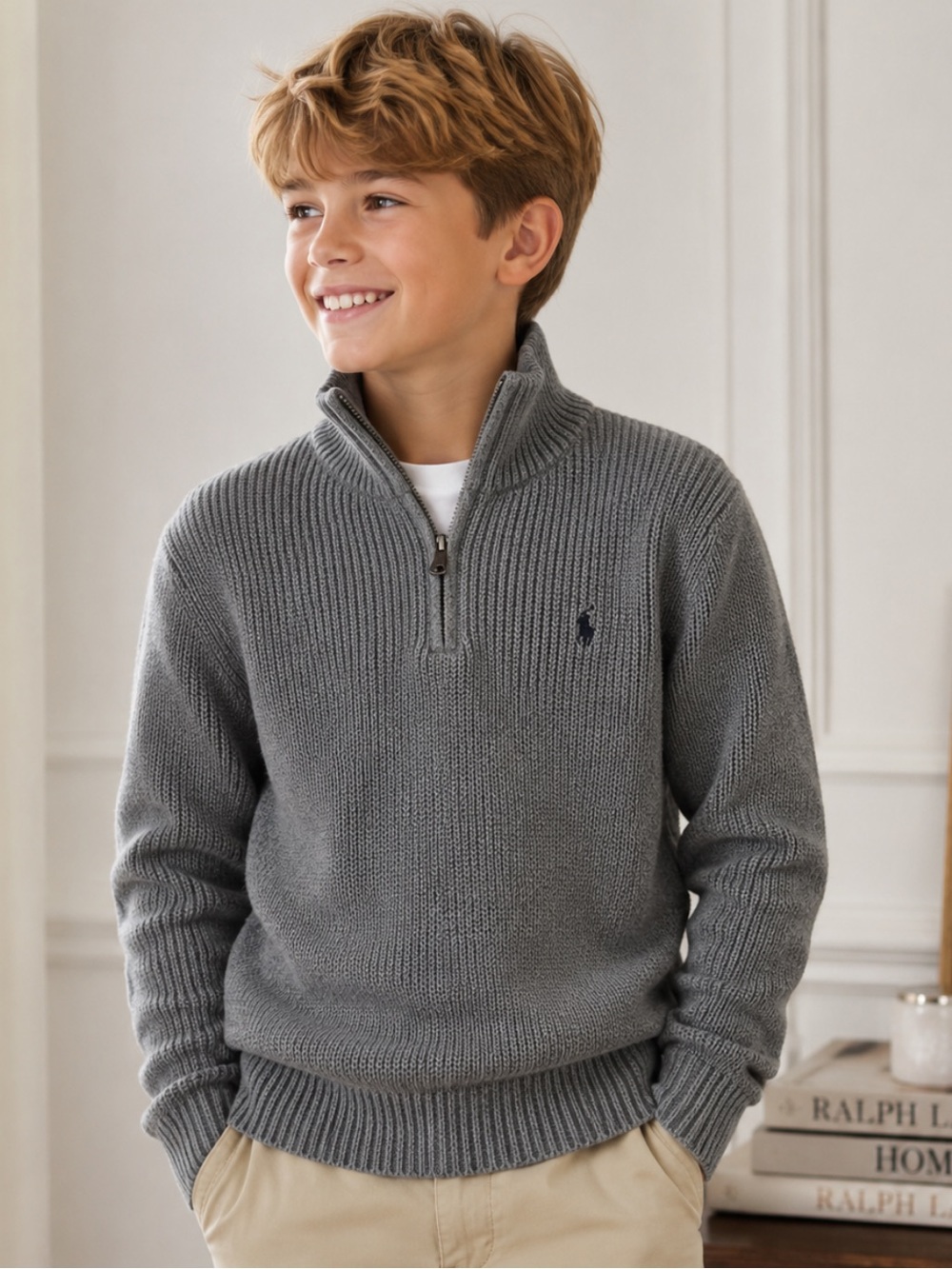 Ralph Lauren Gray Half-Zip Mock Neck Sweater with Polo Logo Size M (8-10)
